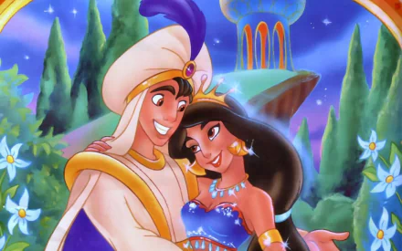 A vibrant HD wallpaper featuring Princess Jasmine and Aladdin from the 1992 movie Aladdin, capturing their joyful embrace against a magical backdrop.