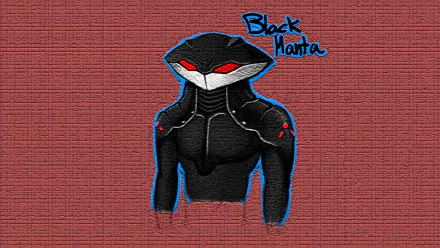 HD PC desktop wallpaper of Black Manta from comics, featuring the character's armored suit and glowing red eyes against a textured red background.
