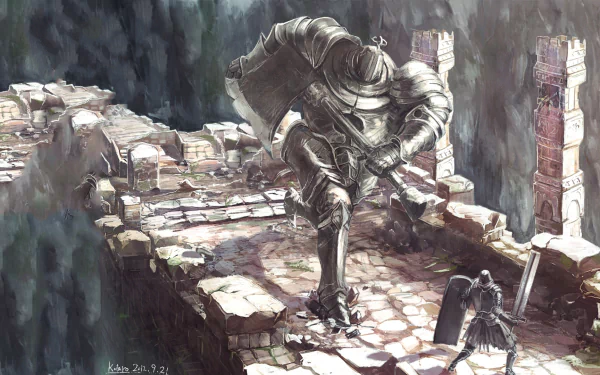 An Iron Golem towers menacingly over a knight on a crumbling stone path, capturing the essence of danger in the Dark Souls video game. This HD image serves as a striking desktop wallpaper.