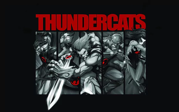 A dynamic HD wallpaper featuring Lion-O and Cheetara from the 1985 TV show Thundercats, showcasing iconic characters in a striking black and red design.
