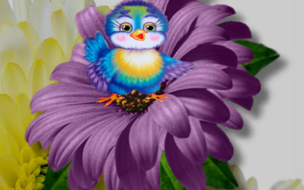 HD PC desktop wallpaper featuring a colorful cartoon bird (animal) perched on a large purple daisy with a soft floral background.