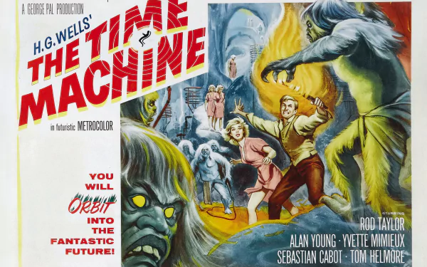 HD desktop wallpaper featuring the 1960 movie poster of The Time Machine, showcasing dramatic scenes and characters from the classic H.G. Wells film.