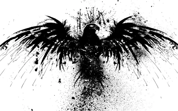 A striking black and white illustration of an eagle with expansive wings, surrounded by splashes of ink, serves as a captivating HD desktop wallpaper and background.