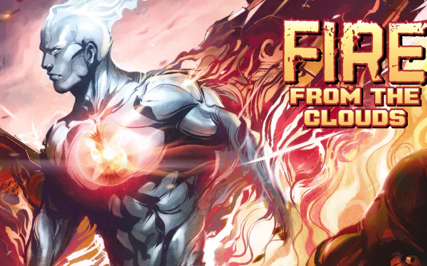 Comic-style HD PC desktop wallpaper background of Captain Atom: metallic hero with glowing chest energy amid raging fiery clouds, with title Fire From The Clouds.