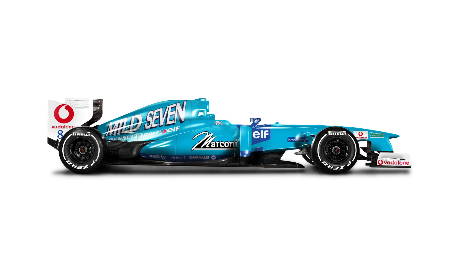 F1 sports HD PC desktop wallpaper and background showing a turquoise Formula 1 car in side profile with detailed livery and slick racing tires on a clean white backdrop.