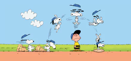 A vibrant 4K Ultra HD wallpaper featuring Snoopy and Charlie Brown from The Peanuts comic, showcasing playful Snoopy spinning in a field with a bright blue sky above.