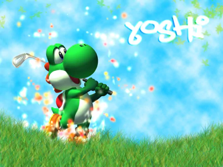 A vibrant HD wallpaper featuring Yoshi from Mario Golf: Toadstool Tour, joyfully swinging a golf club against a bright blue sky and colorful grass backdrop.