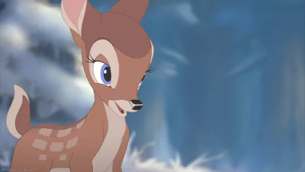 HD desktop wallpaper featuring a scene from the movie Bambi II, showcasing the young deer character against a soft blue and cloudy background.