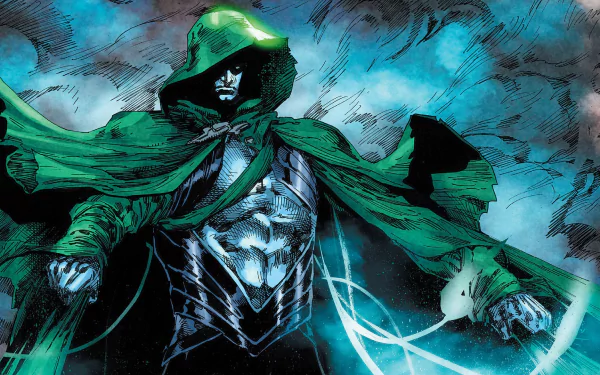 A dynamic HD wallpaper featuring Spectre from DC Comics, depicted in a dramatic pose with a flowing green cloak and powerful aura, set against a vibrant, turbulent background.