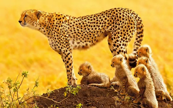 HD wallpaper of a cheetah with her cubs on a grassy mound, providing a striking and natural background.