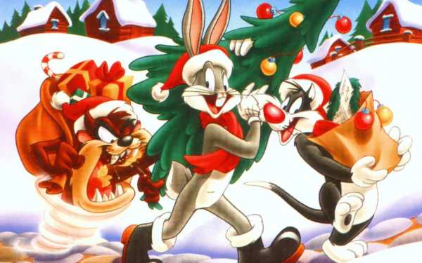 Bugs Bunny, Sylvester, and the Tasmanian Devil celebrate the holidays in this vibrant Looney Tunes HD desktop wallpaper, featuring festive cheer against a snowy backdrop.
