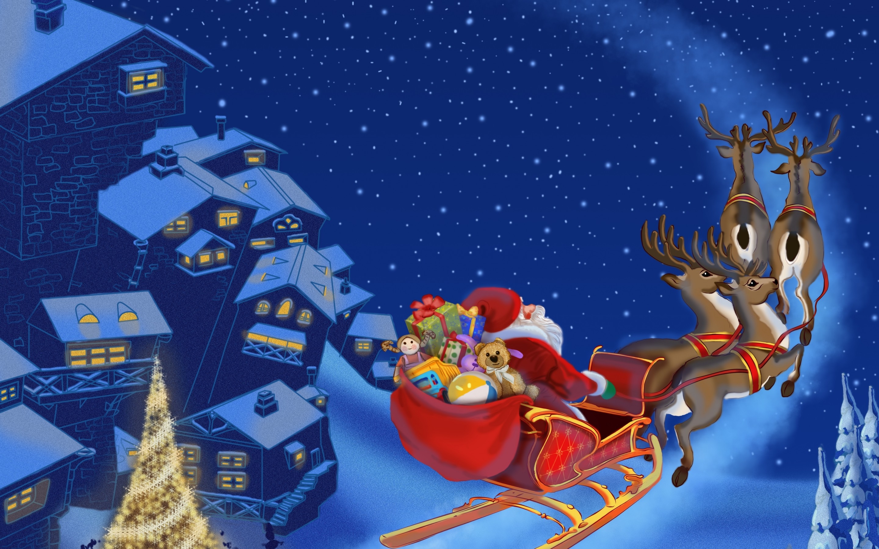 Download Christmas Tree Sleigh Reindeer Santa Holiday Christmas HD