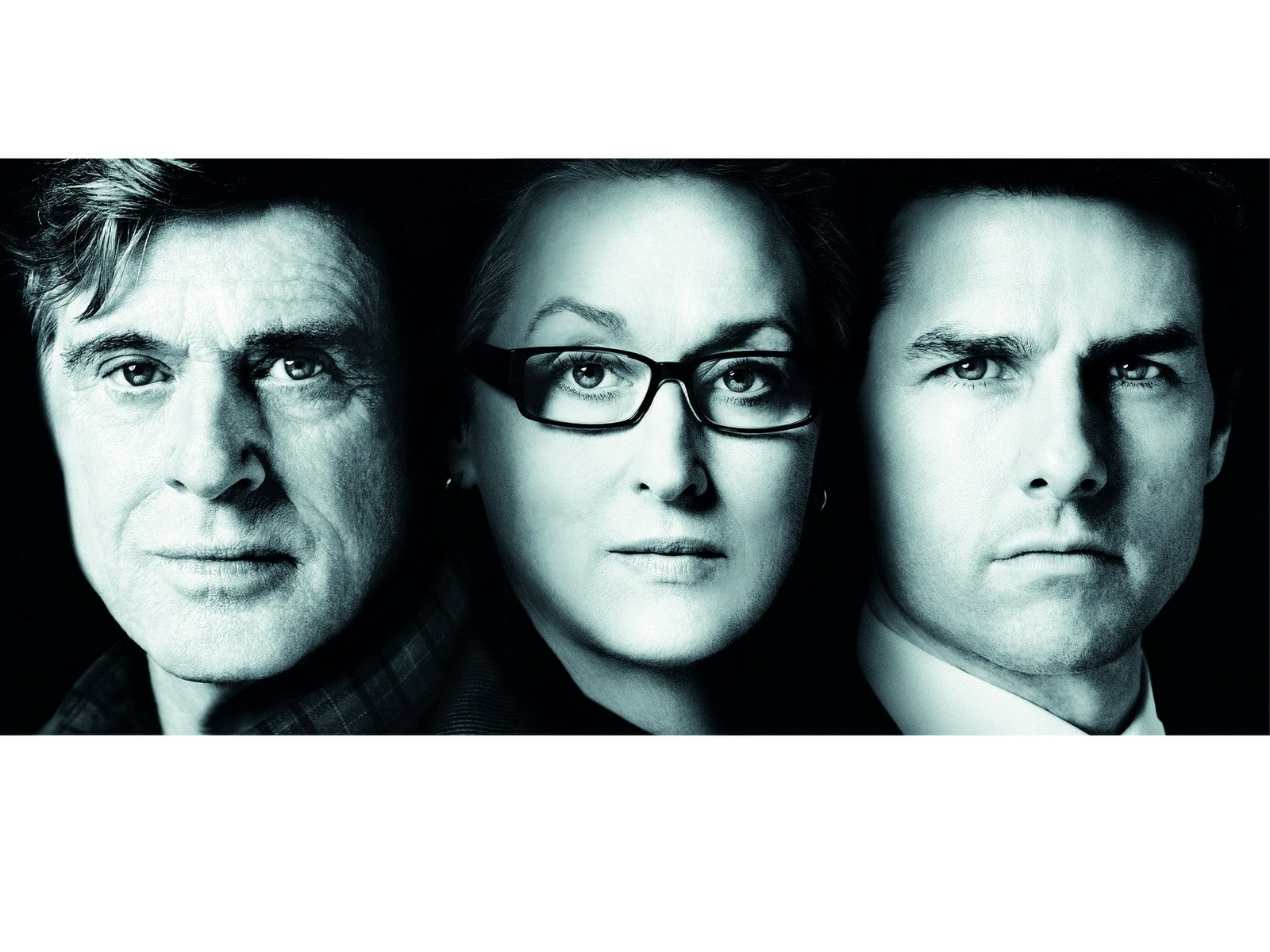 HD PC desktop wallpaper for the movie Lions for Lambs: teal-tinted, high-contrast triptych of three intense, close-up faces.