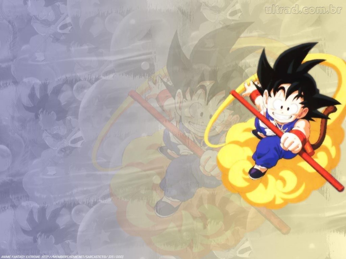 A vibrant HD desktop wallpaper featuring Goku from Dragon Ball Z, soaring on a cloud with his iconic staff, surrounded by a dynamic, colorful background.