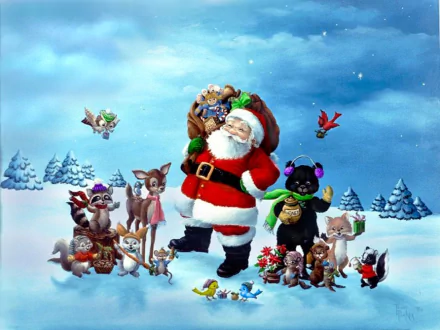 Santa Claus, surrounded by festive animals and carrying a sack of gifts, stands in a snowy landscape. This HD desktop wallpaper exudes holiday cheer and Christmas spirit.