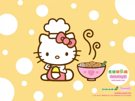 A charming HD desktop wallpaper featuring Hello Kitty as a chef, holding a bowl of noodles, set against a playful yellow polka dot background.