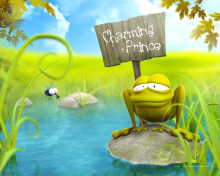 A vibrant 3D artistic HD PC desktop wallpaper featuring a cheerful frog on a rock by a pond with a whimsical Charming Prince sign in a lush, green landscape.