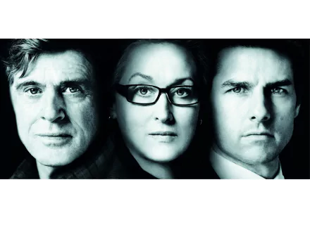 HD PC desktop wallpaper for the movie Lions for Lambs: teal-tinted, high-contrast triptych of three intense, close-up faces.