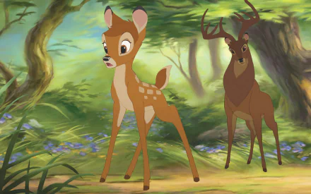 HD desktop wallpaper featuring Bambi and a stag in a lush forest scene from the movie Bambi II.
