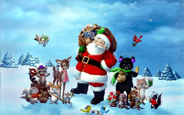 Santa Claus, surrounded by festive animals and carrying a sack of gifts, stands in a snowy landscape. This HD desktop wallpaper exudes holiday cheer and Christmas spirit.