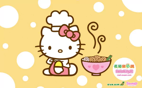 A charming HD desktop wallpaper featuring Hello Kitty as a chef, holding a bowl of noodles, set against a playful yellow polka dot background.