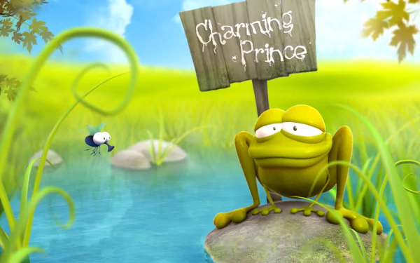 A vibrant 3D artistic HD PC desktop wallpaper featuring a cheerful frog on a rock by a pond with a whimsical Charming Prince sign in a lush, green landscape.