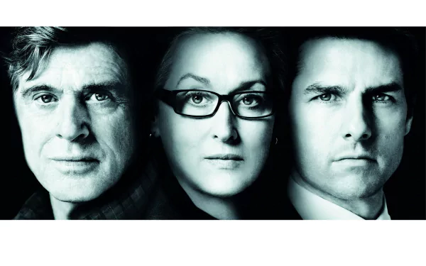 HD PC desktop wallpaper for the movie Lions for Lambs: teal-tinted, high-contrast triptych of three intense, close-up faces.