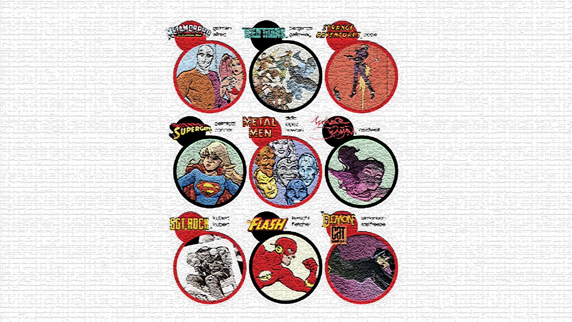 HD PC desktop wallpaper collage featuring comic book heroes Wonder Woman, Flash, Sgt. Rock, Supergirl, Metamorpho, and others in vintage comic panels.