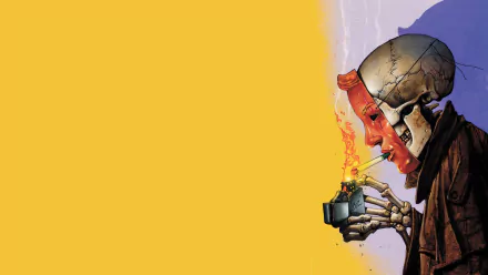 Comic-style HD PC desktop wallpaper of John Constantine (Hellblazer): half his face peeled back to a skull as he lights a cigarette against a stark yellow background.