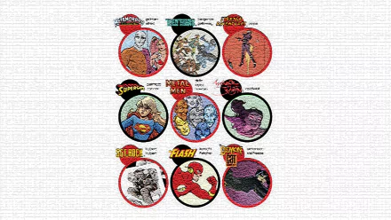 HD PC desktop wallpaper collage featuring comic book heroes Wonder Woman, Flash, Sgt. Rock, Supergirl, Metamorpho, and others in vintage comic panels.