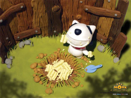 Monk the Little Dog from the TV show Monk Little Dog sits among treats in a wooden fenced yard; HD PC desktop wallpaper and background.