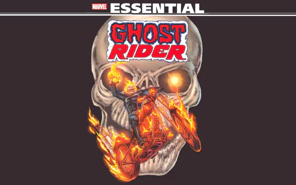 HD wallpaper featuring Johnny Blaze as Ghost Rider, showcasing a dramatic graphic of the character riding a flaming motorcycle against a skull backdrop.