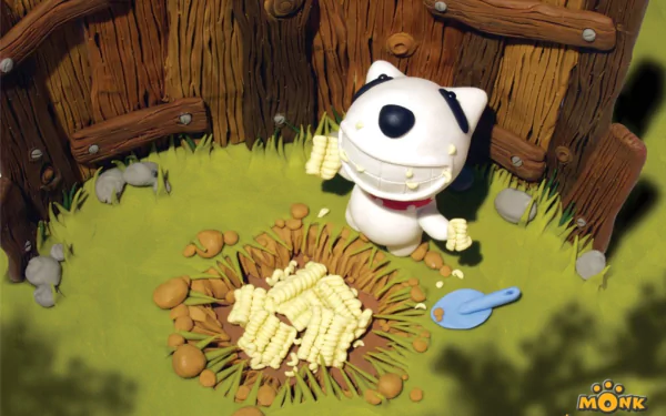 Monk the Little Dog from the TV show Monk Little Dog sits among treats in a wooden fenced yard; HD PC desktop wallpaper and background.