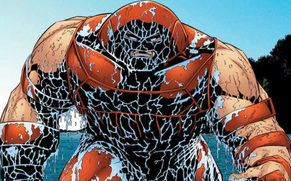 HD desktop wallpaper featuring Juggernaut from Marvel Comics, depicted in a cracked, rugged style with a clear blue sky and landscape background, related to X-Men comics.