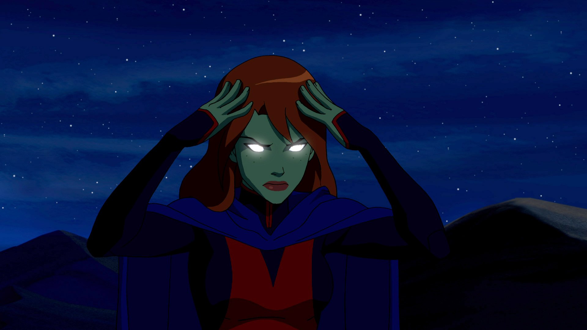 Miss Martian, from Young Justice, exhibits glowing eyes while focusing intensely, set against a starry night backdrop. A striking HD wallpaper celebrating her character.