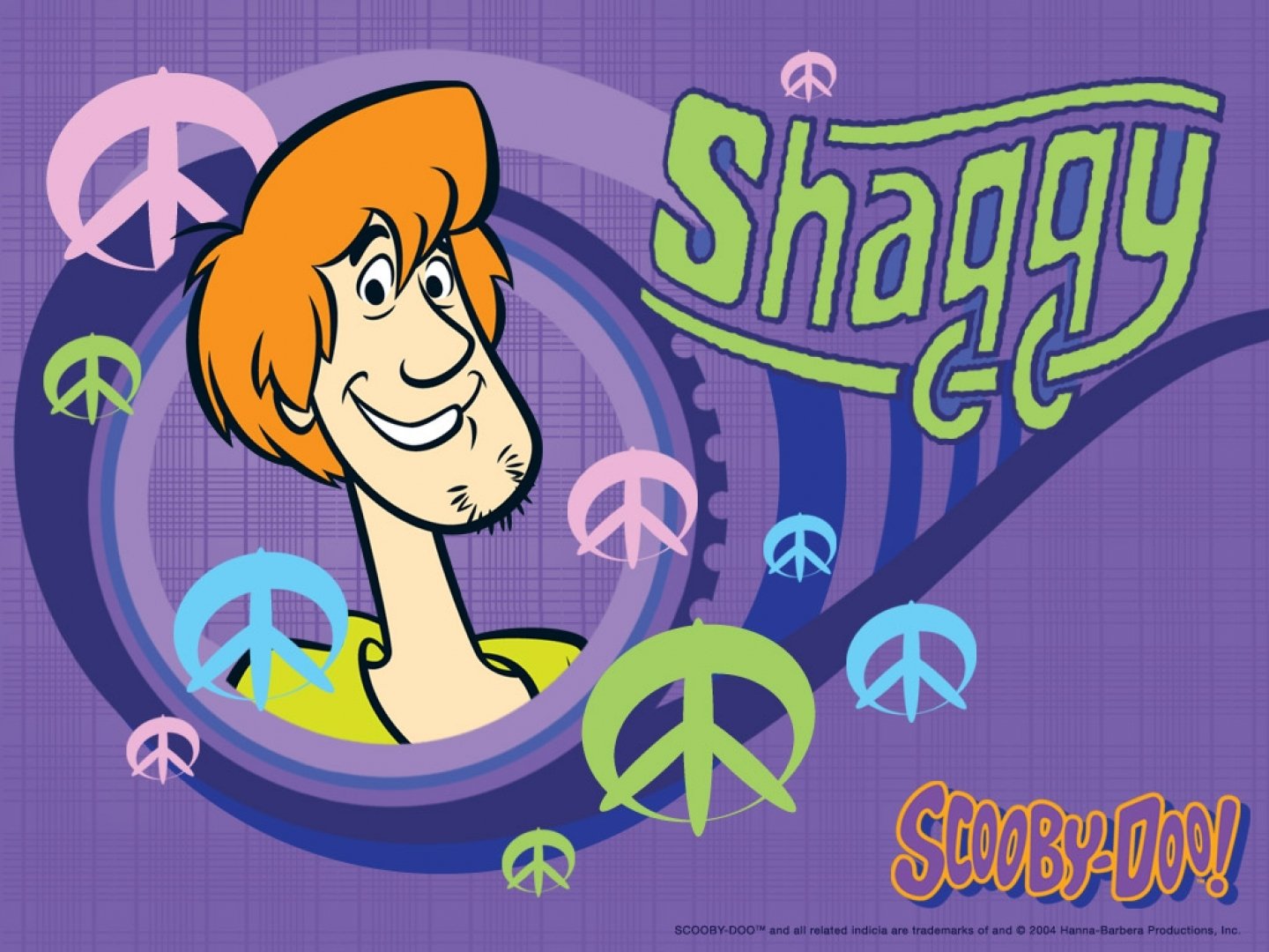 A vibrant HD wallpaper featuring Shaggy from the TV show Scooby-Doo, surrounded by colorful peace signs and a playful background design.
