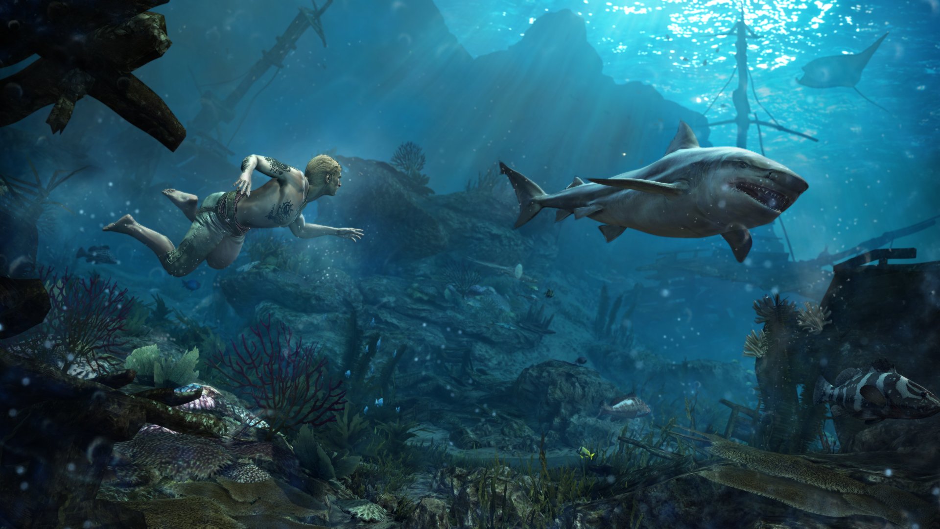Underwater scene from Assassin's Creed IV: Black Flag video game, featuring a diver and a shark in 4K Ultra HD PC desktop wallpaper quality.