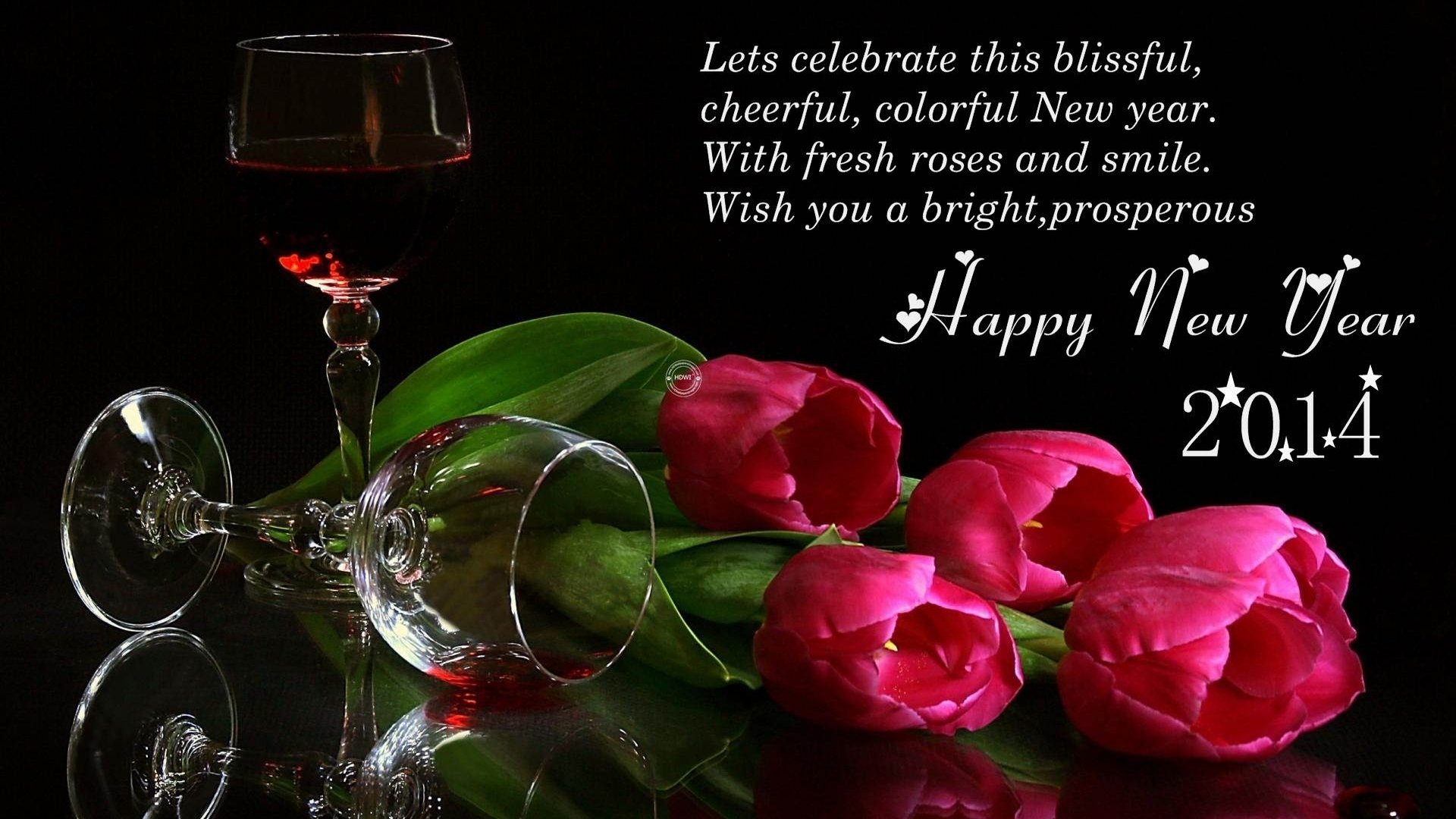 HD PC desktop wallpaper/background — New Year 2014 holiday image: red tulips and two wine glasses (one tipped) on a reflective black surface with Happy New Year text.