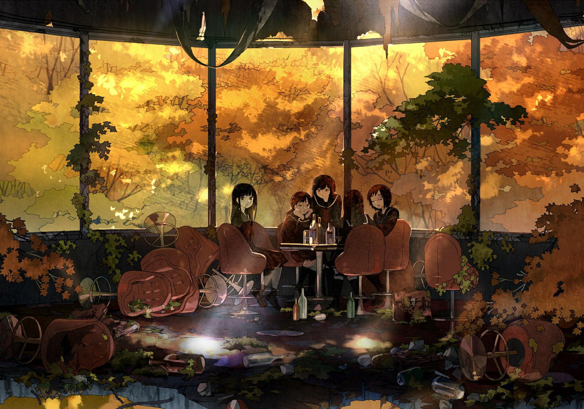 A serene anime scene featuring four characters seated around a table in a sunlit, overgrown room with autumn foliage outside, creating a captivating HD desktop background.