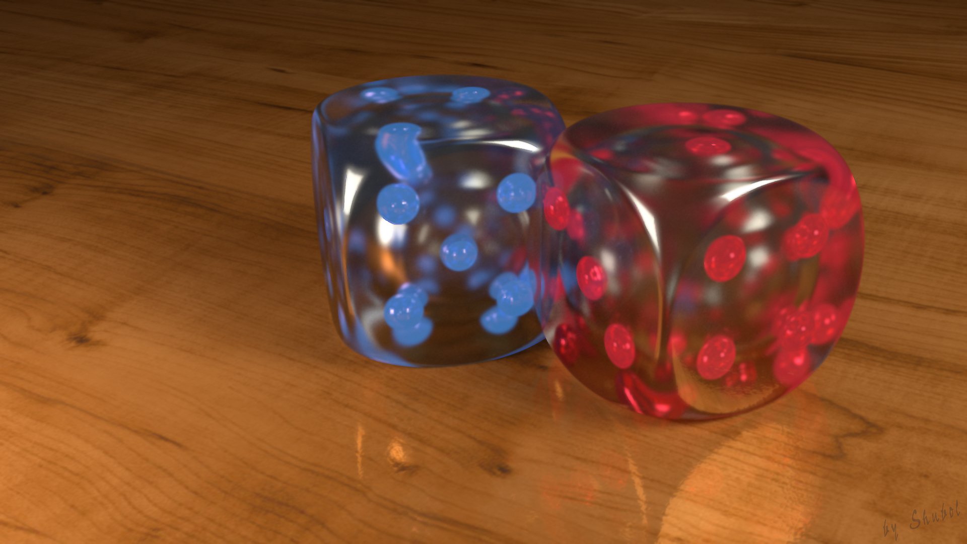 HD desktop wallpaper featuring two glass dice, one blue and one red, resting on a wooden surface with detailed reflections and shadows.