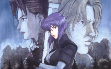 HD anime desktop wallpaper featuring characters from Ghost in the Shell, showcasing a serious female protagonist with purple hair and two intense male figures in the background.