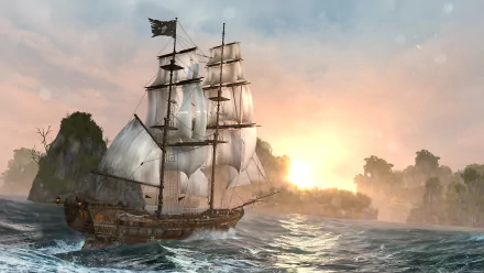 HD desktop wallpaper featuring a ship sailing through a vibrant seascape at sunset from the video game Assassin's Creed IV: Black Flag.