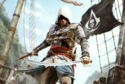 HD desktop wallpaper featuring a character from Assassin's Creed IV: Black Flag, poised with a sword on a pirate ship deck under a Jolly Roger flag.
