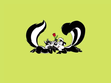 HD desktop wallpaper featuring Pepé Le Pew from the Looney Tunes TV show, set against a solid light green background with the skunk holding a red rose.