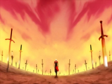 HD desktop wallpaper of Archer from Fate/Stay Night: Unlimited Blade Works. Archer stands alone amidst a field of scattered swords under a dramatic, fiery sky.