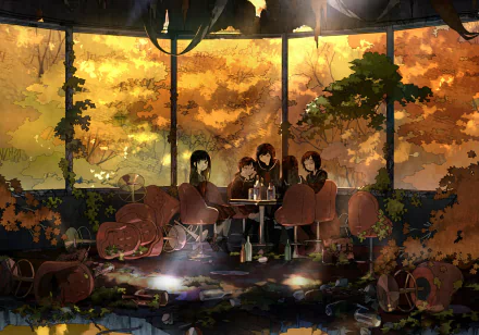 A serene anime scene featuring four characters seated around a table in a sunlit, overgrown room with autumn foliage outside, creating a captivating HD desktop background.
