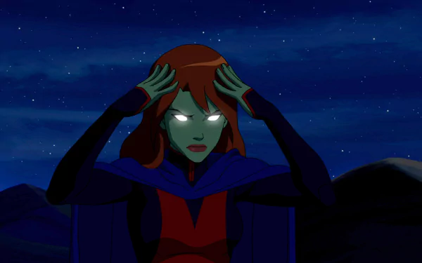 Miss Martian, from Young Justice, exhibits glowing eyes while focusing intensely, set against a starry night backdrop. A striking HD wallpaper celebrating her character.