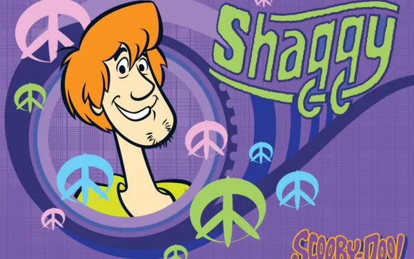A vibrant HD wallpaper featuring Shaggy from the TV show Scooby-Doo, surrounded by colorful peace signs and a playful background design.