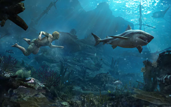Underwater scene from Assassin's Creed IV: Black Flag video game, featuring a diver and a shark in 4K Ultra HD PC desktop wallpaper quality.