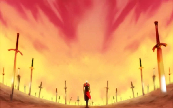 HD desktop wallpaper of Archer from Fate/Stay Night: Unlimited Blade Works. Archer stands alone amidst a field of scattered swords under a dramatic, fiery sky.